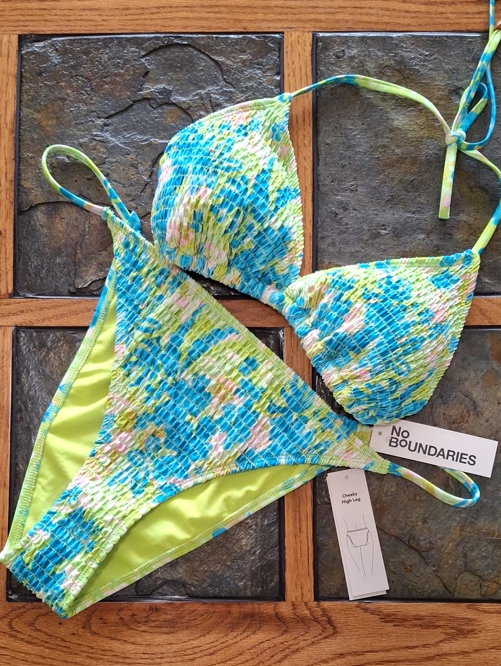 No Boundaries Lime Multi Smocked Triangle Bikini Set